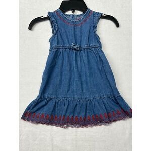 Lucky Brand Kids‎ Denim Dress Red Embroidery Tie Waist Ruffle Hem Size 2T